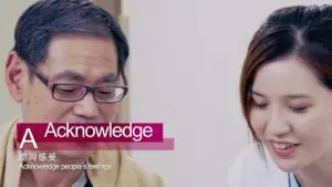 Two people are shown in close-up. The man on the left is wearing glasses and smiling slightly. The woman on the right has long hair and is also smiling gently. Text on the image reads: "Acknowledge. Acknowledge people's feelings." This image perfectly captures a moment from our latest video shooting session.