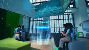 A futuristic classroom where a group of students around a digital table interacts with holographic screens. The room is bright with modern decor and large windows, creating a tech-savvy and collaborative learning environment, ideal for integrating video shooting techniques or animation projects into lessons.