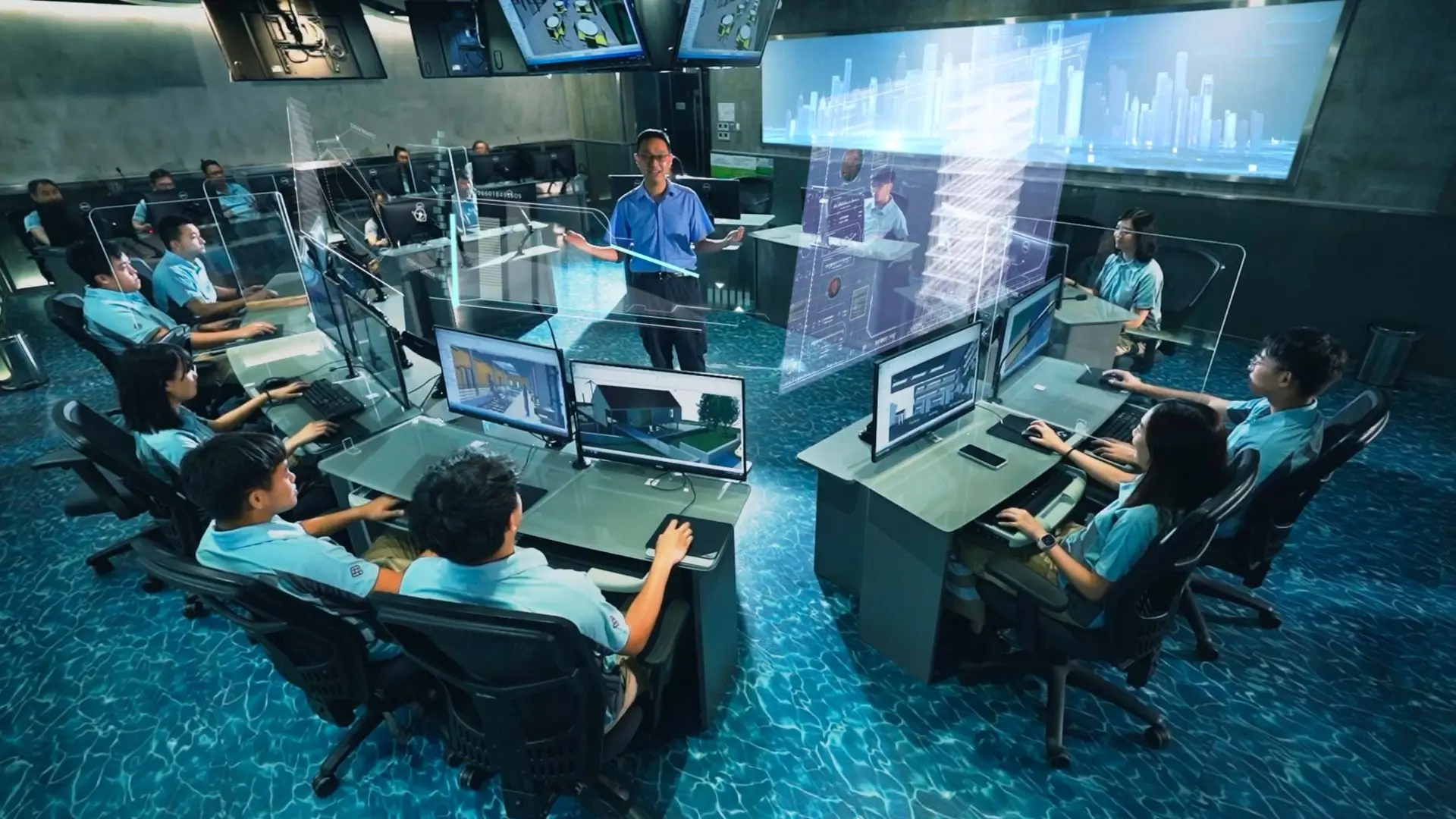 A high-tech control room with multiple people in business casual attire working at computer stations. A man stands in the center pointing at a holographic display, as large wall screens show various data visualizations and cityscape images, perfect for an exhibition promotion or construction video backdrop.