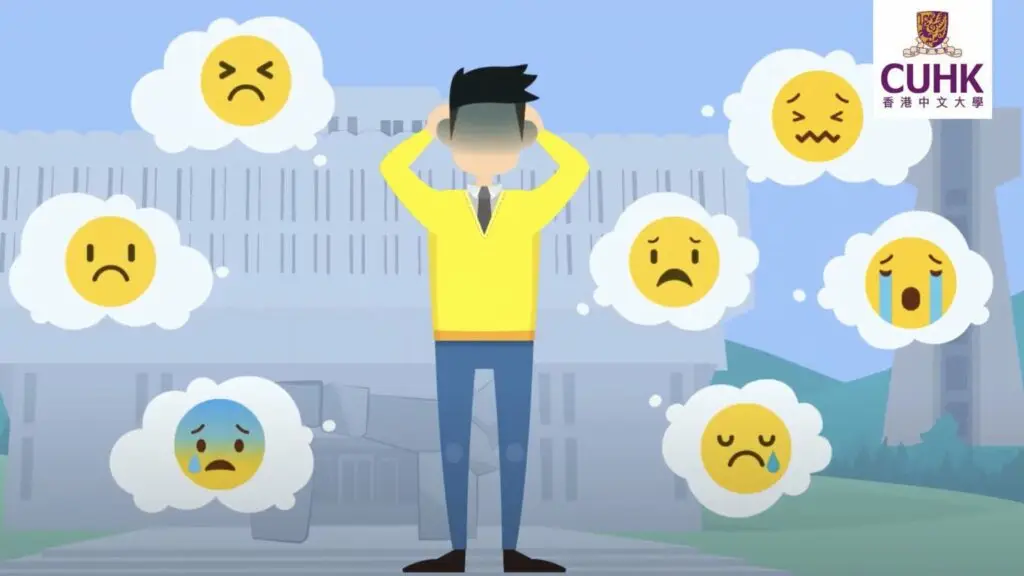 An illustration of a person holding their head in distress, surrounded by emoticons showing various negative emotions such as sadness, frustration, and despair. The background features a building with the logo of CUHK in the top right corner, promoting an exhibition on mental health awareness.