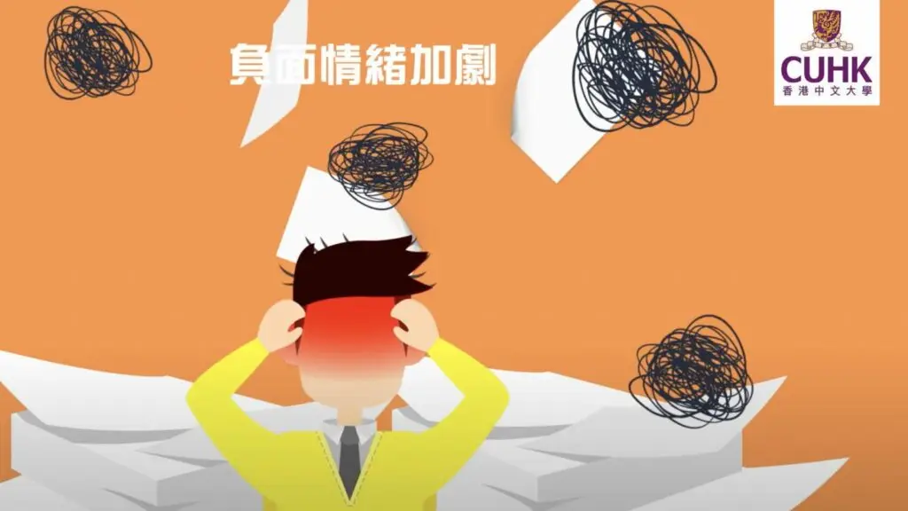 An illustration shows a person holding their head in distress amidst crumpled papers and scribbles, symbolizing stress. The background is orange with Chinese text and the CUHK logo on the top right, as if captured meticulously by a precision-oriented video production house.