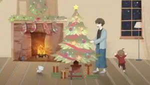 An animation depicts a festive scene of a person decorating a Christmas tree beside a fireplace with stockings hanging above it. A small child and two pets, a dog and a cat, are nearby. Wrapped gifts are placed under the tree, and a wreath hangs on the wall.