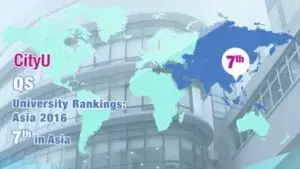An infographic showcases a world map highlighting Asia with a marker indicating "7th." Text on the left reads: "CityU QS University Rankings: Asia 2016 7th in Asia." The background features a modern building facade, resembling an exhibition promotion.