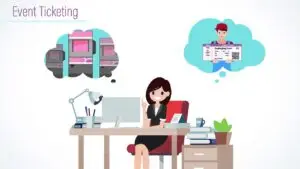 Illustration of a woman at her desk working on a computer. Speech bubbles show her thoughts: one with train tickets and another with a man holding concert tickets. The caption "Event Ticketing" is displayed at the top. The desk has office supplies, books, and a plant from the video production house.