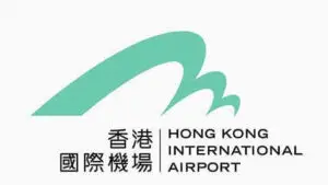 Logo for Hong Kong International Airport. The design features a teal and white stylized wave shape, with text in both Traditional Chinese characters and English, reminiscent of animation graphics.