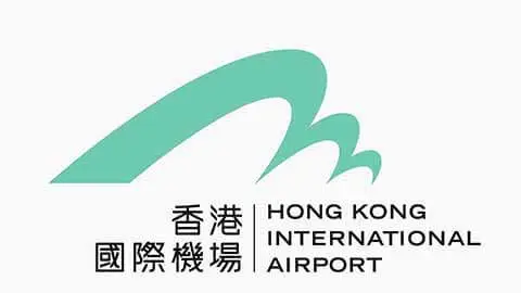 Logo for Hong Kong International Airport. The design features a teal and white stylized wave shape, with text in both Traditional Chinese characters and English, reminiscent of animation graphics.