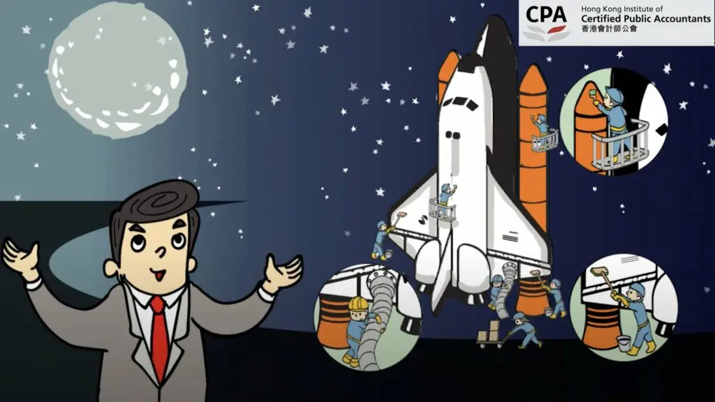 A cartoon depicts a person in a suit and red tie speaking in front of a space shuttle being prepared for launch by several small workers. There is a full moon in the night sky, and the logo of the Hong Kong Institute of Certified Public Accountants is in the top right corner, promoting an upcoming exhibition.