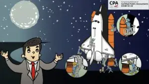 A cartoon depicts a person in a suit and red tie speaking in front of a space shuttle being prepared for launch by several small workers. There is a full moon in the night sky, and the logo of the Hong Kong Institute of Certified Public Accountants is in the top right corner, promoting an upcoming exhibition.