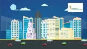 Illustration of a cityscape with various modern buildings and skyscrapers under a blue sky with clouds and a moon. Cars of different colors drive on a road in the foreground. A white sign with green text and a small graphic is in the upper right corner, hinting at a video production house’s recent promo shoot.