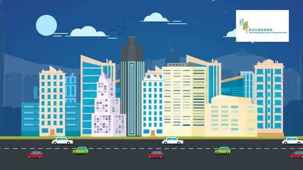 Illustration of a cityscape with various modern buildings and skyscrapers under a blue sky with clouds and a moon. Cars of different colors drive on a road in the foreground. A white sign with green text and a small graphic is in the upper right corner, hinting at a video production house’s recent promo shoot.