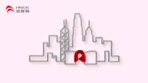A minimalistic skyline illustration of Hong Kong buildings with simplified lines on a pink background. A red magnet icon represents a building's entrance. The HKECIC logo in red and Chinese characters is in the top-left corner, perfect for an exhibition promotion.