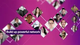 A pink and purple gradient background features a collage of diverse faces within diamond shapes, showcasing a variety of individuals. In the foreground, a white banner with dark blue text reads, "Build up powerful network." Perfect for exhibition promotion or video shooting projects.