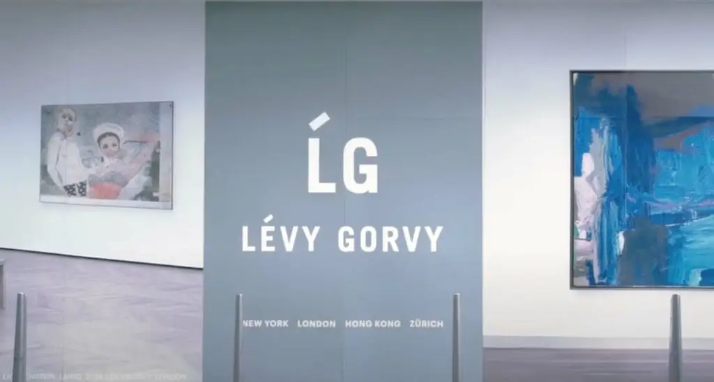 Inside the art gallery, a large grey divider displays "LG LÉVY GORVY" with the cities "New York," "London," "Hong Kong," and "Zurich" listed below. To the left, a painting graces the wall. The space is primed for an elegant promotional video highlighting fine art.