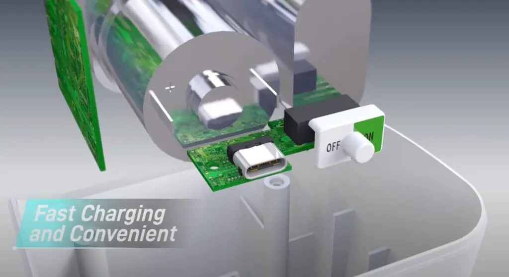 A close-up view of a charger with an on/off switch and USB-C port on a green circuit board, with transparent battery cells in the background. The text "Fast Charging and Convenient" is written in white and green letters on the left side of the image. Ideal for showcasing tech innovations at an exhibition promotion.