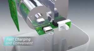 A close-up view of a charger with an on/off switch and USB-C port on a green circuit board, with transparent battery cells in the background. The text "Fast Charging and Convenient" is written in white and green letters on the left side of the image. Ideal for showcasing tech innovations at an exhibition promotion.