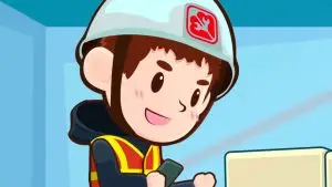 A cheerful cartoon construction worker with rosy cheeks and a helmet is holding a smartphone. The worker, associated with a video production house, is wearing a safety vest and has a friendly expression, standing indoors with a blue background.
