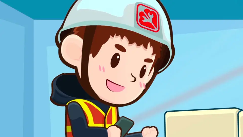 A cheerful cartoon construction worker with rosy cheeks and a helmet is holding a smartphone. The worker, associated with a video production house, is wearing a safety vest and has a friendly expression, standing indoors with a blue background.