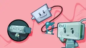 Cartoon illustration of three computer components with faces. One component is connected to a monitor displaying another component in a circular frame. Another component, smiling and holding a smaller device labeled "RMU," is connected by a red wire. The background, perfect for a promotional video theme, is pink.