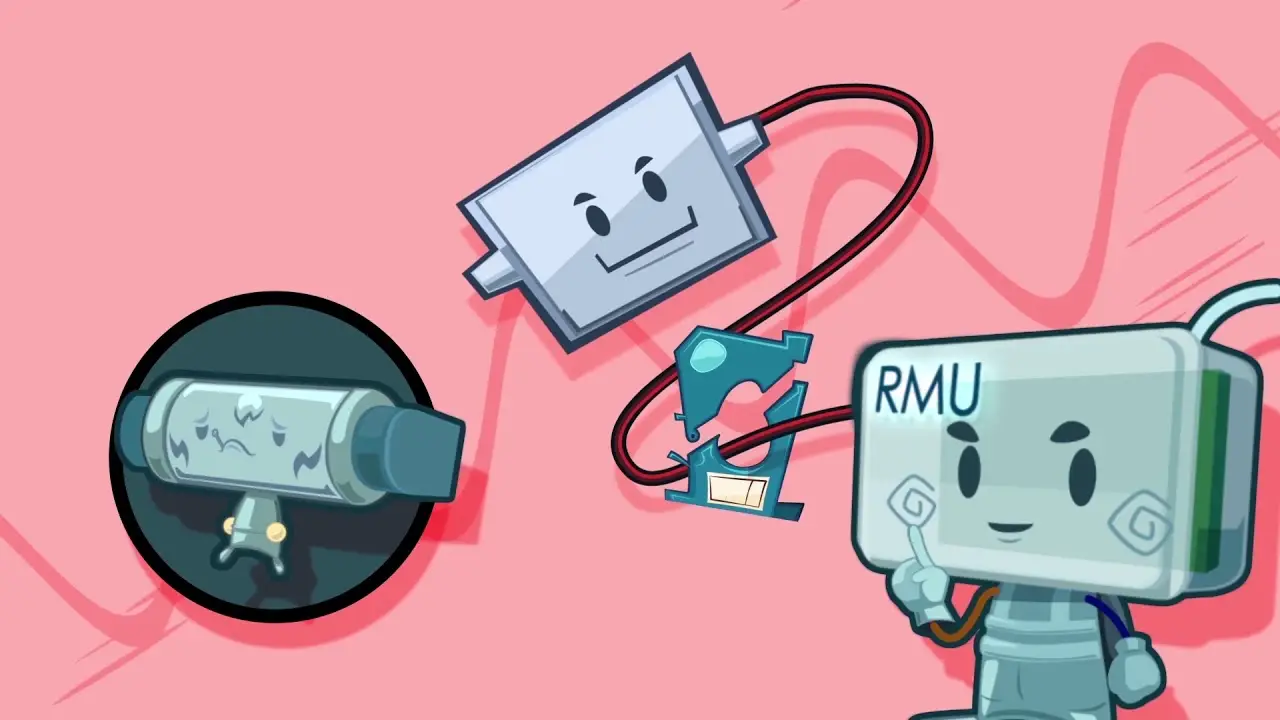 Cartoon illustration of three computer components with faces. One component is connected to a monitor displaying another component in a circular frame. Another component, smiling and holding a smaller device labeled "RMU," is connected by a red wire. The background, perfect for a promotional video theme, is pink.