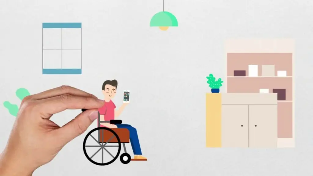 Illustration of a person in a wheelchair holding a smartphone. A hand is seen entering from the left side of the image. The background features a window, a hanging lamp, and a small plant on top of a chest of drawers. This animation showcases accessibility in daily life.
