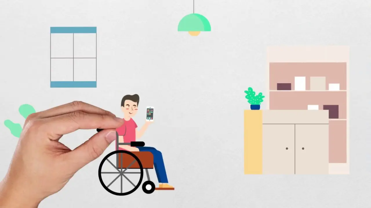 Illustration of a person in a wheelchair holding a smartphone. A hand is seen entering from the left side of the image. The background features a window, a hanging lamp, and a small plant on top of a chest of drawers. This animation showcases accessibility in daily life.