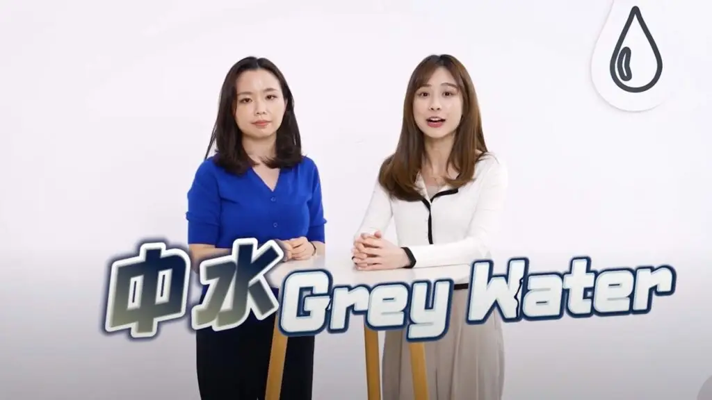 Two women stand next to each other against a plain white background. The woman on the left wears a blue shirt, while the woman on the right dons a white top. The text "Grey Water" appears prominently in front of them with a water drop icon, as part of a promotional video.
