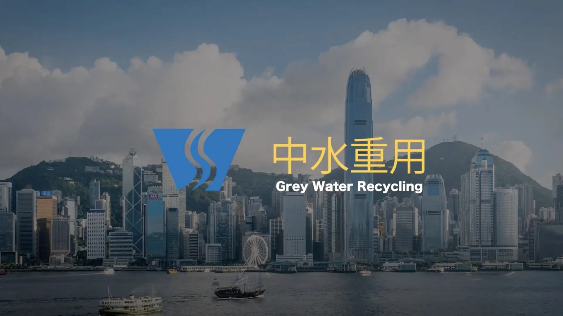 A skyline of a city with tall buildings, including a prominent skyscraper, set against a backdrop of a partly cloudy sky. The foreground features a calm body of water with small boats. Text on the image reads "Grey Water Recycling" in English and Chinese, ideal for an exhibition promotion.