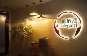 The warmly lit interior of the wine bar features the illuminated "Winelegant" logo on the wall. Three pendant lights hang above two wine barrel tables adorned with grapes, while a lush potted plant adds greenery to the setting, perfect for a promotional video highlighting elegance and charm.