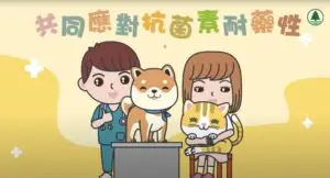 An illustration featuring a male veterinarian and a female pet owner. The veterinarian is standing beside a Shiba Inu on a table, and the pet owner sits on a chair, holding a contented cat. The background has text in a foreign language and a green tree logo in the top-right corner; perfect for an exhibition promotion.