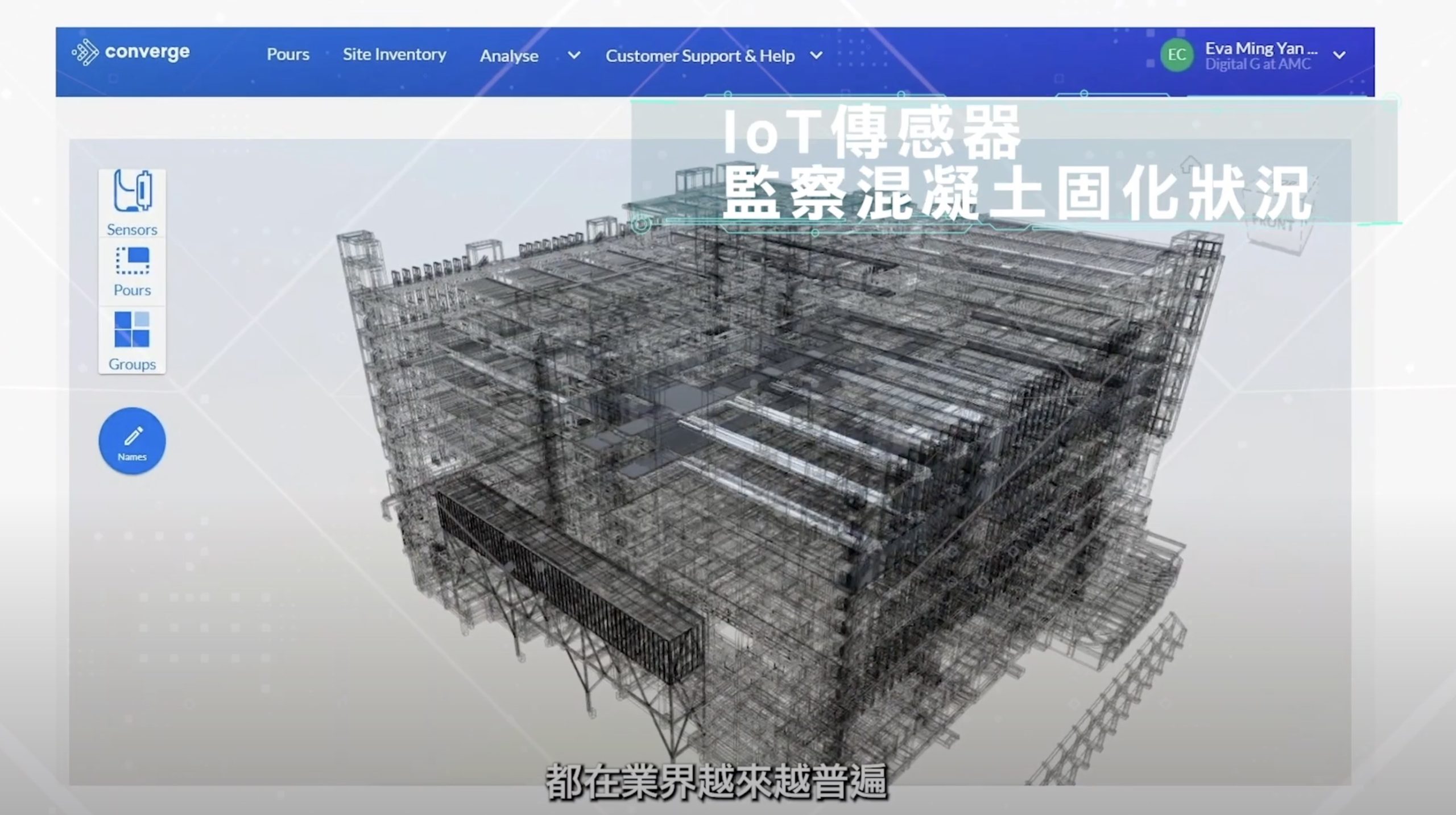 A digital wireframe model of a building structure is displayed on a computer interface with Chinese and English text overlay. Icons for sensors, pours, and groups appear on the left, and a navigation bar is shown at the top.