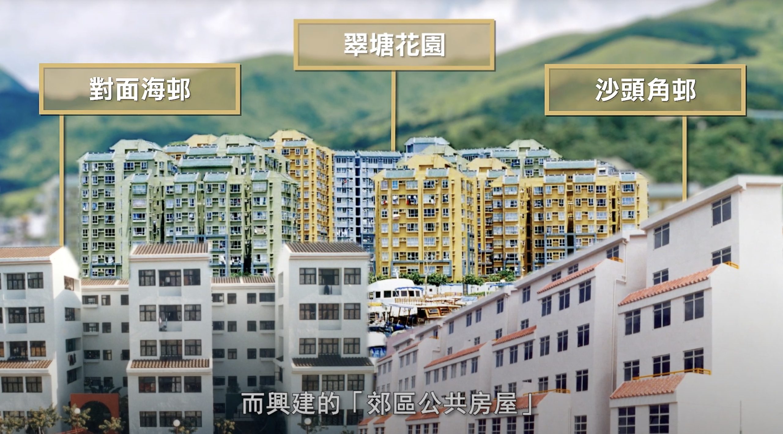 Several mid-rise residential buildings with Chinese labels above them: 對面海邨 (Toi Min Hoi Estate), 翠塘花園 (Tsui Tong Garden), 沙頭角邨 (Sha Tau Kok Estate). Subtitles in Chinese are at the bottom.