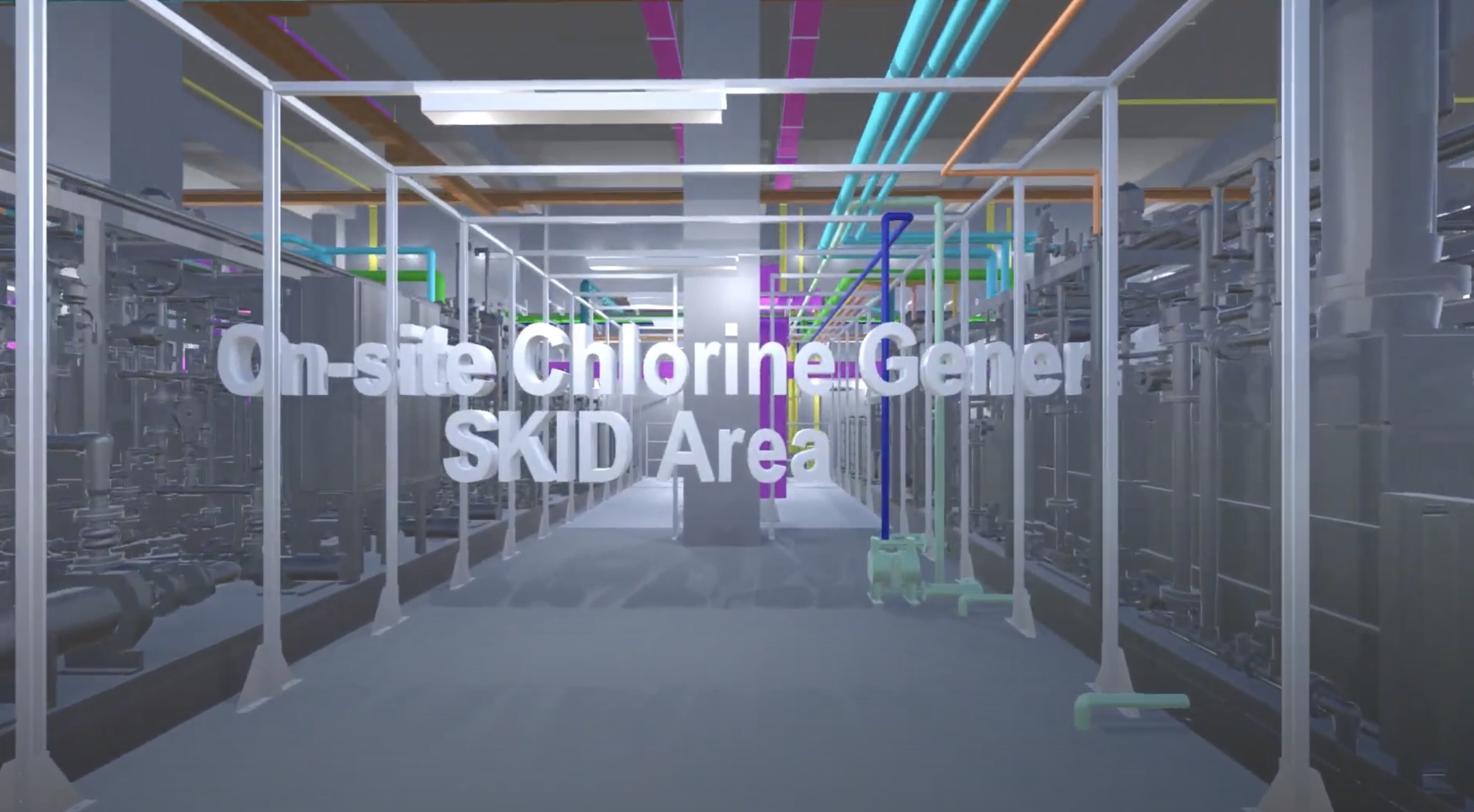 A digitally rendered industrial room with pipes on the ceiling and large equipment on both sides. Text in the center reads, “On-site Chlorine Generator SKID Area.”.