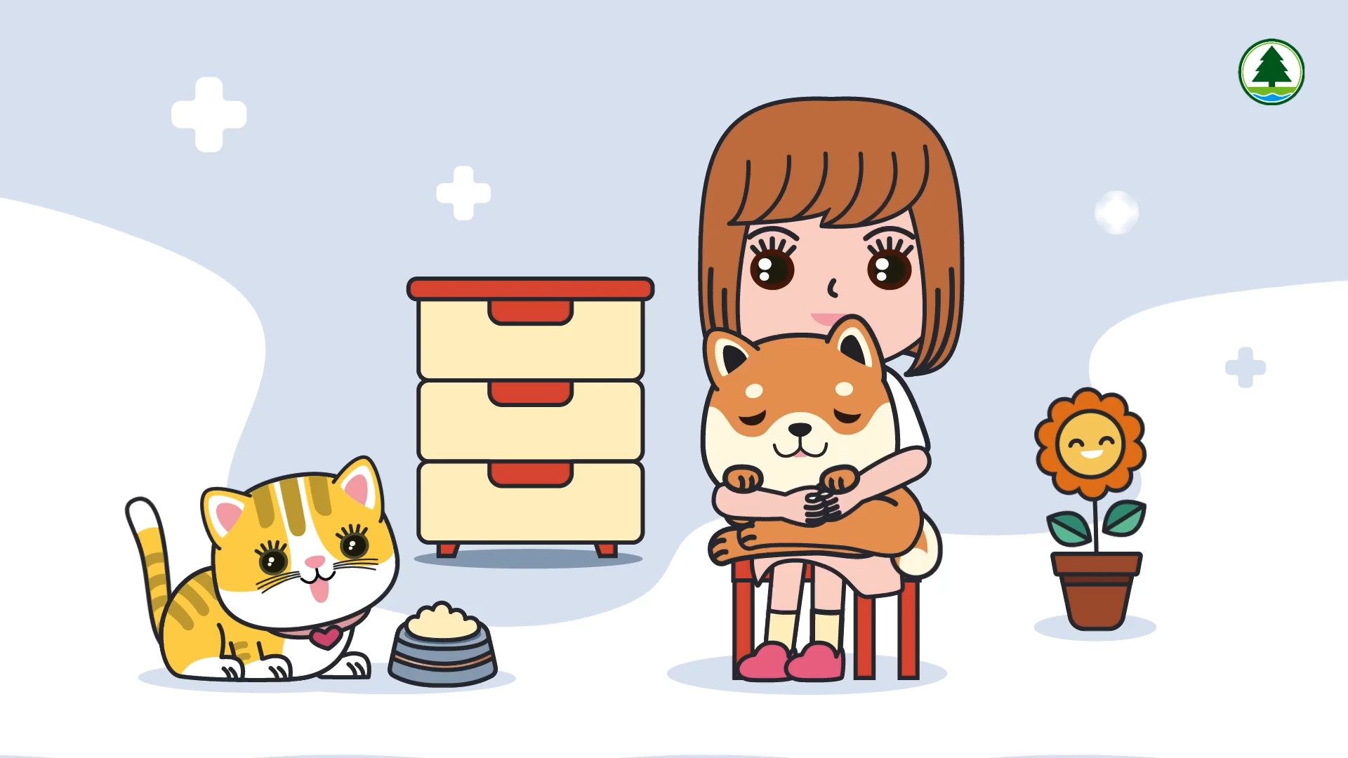 A girl sits on a chair hugging a cute dog. A cat with a collar sits nearby next to a bowl of food. Behind them are a chest of drawers and a smiling flower in a pot. The scene is in a cartoon style.