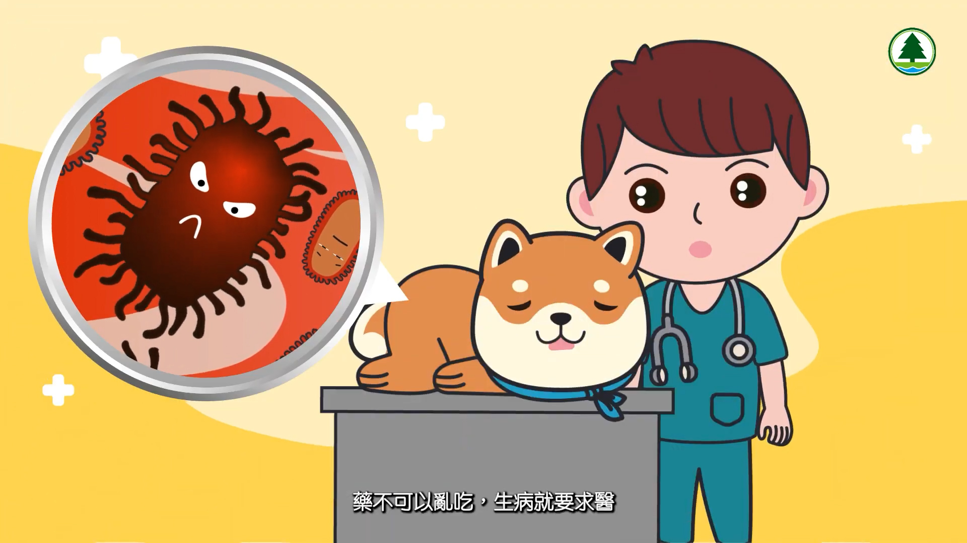 Illustration of a veterinarian with a stethoscope and a dog on an exam table. A thought bubble shows a close-up of harmful bacteria. Chinese text and a tree logo appear at the bottom and top right.