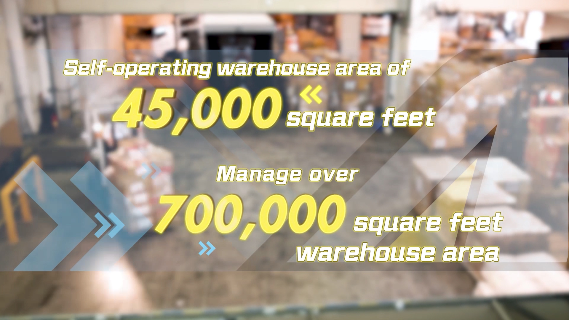 Blurry warehouse background with overlaid text: "Self-operating warehouse area of 45,000 square feet. Manage over 700,000 square feet warehouse area.