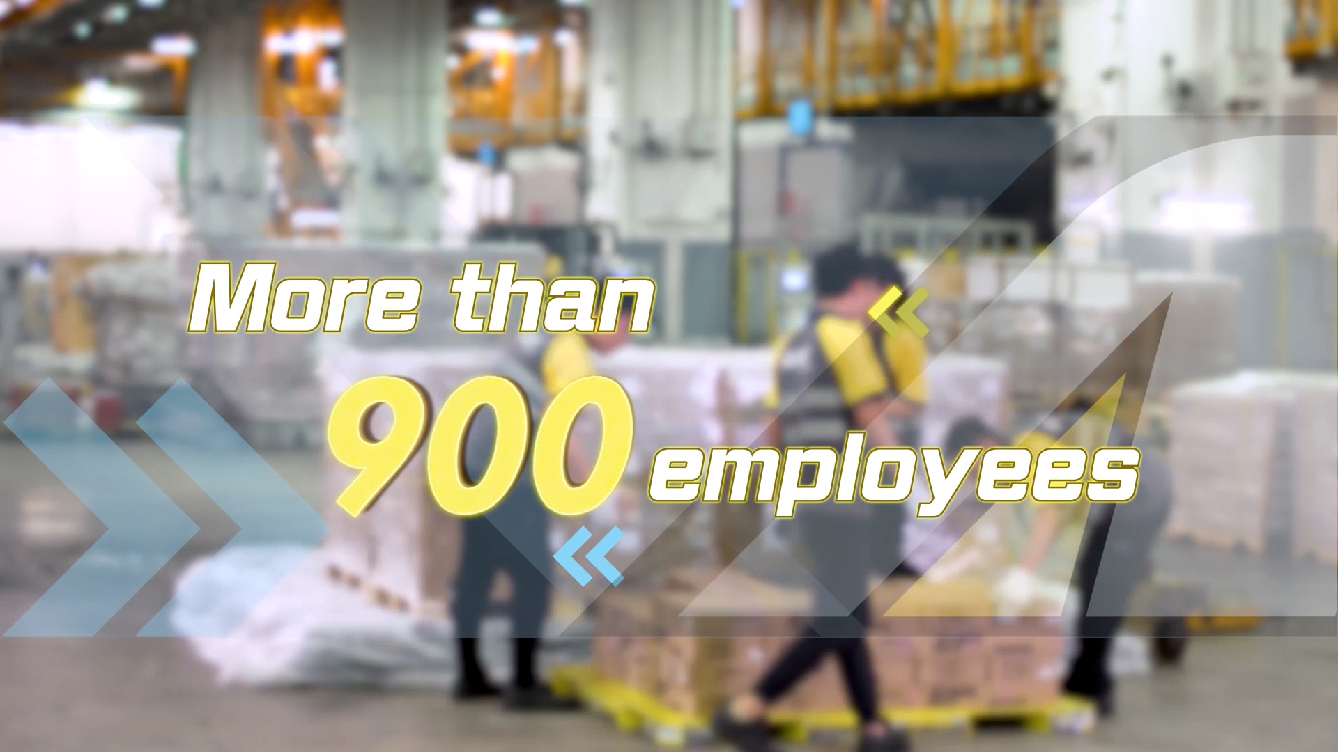 Blurred warehouse scene with workers moving boxes on pallets, overlaid text reads "More than 900 employees" in large yellow and white letters.