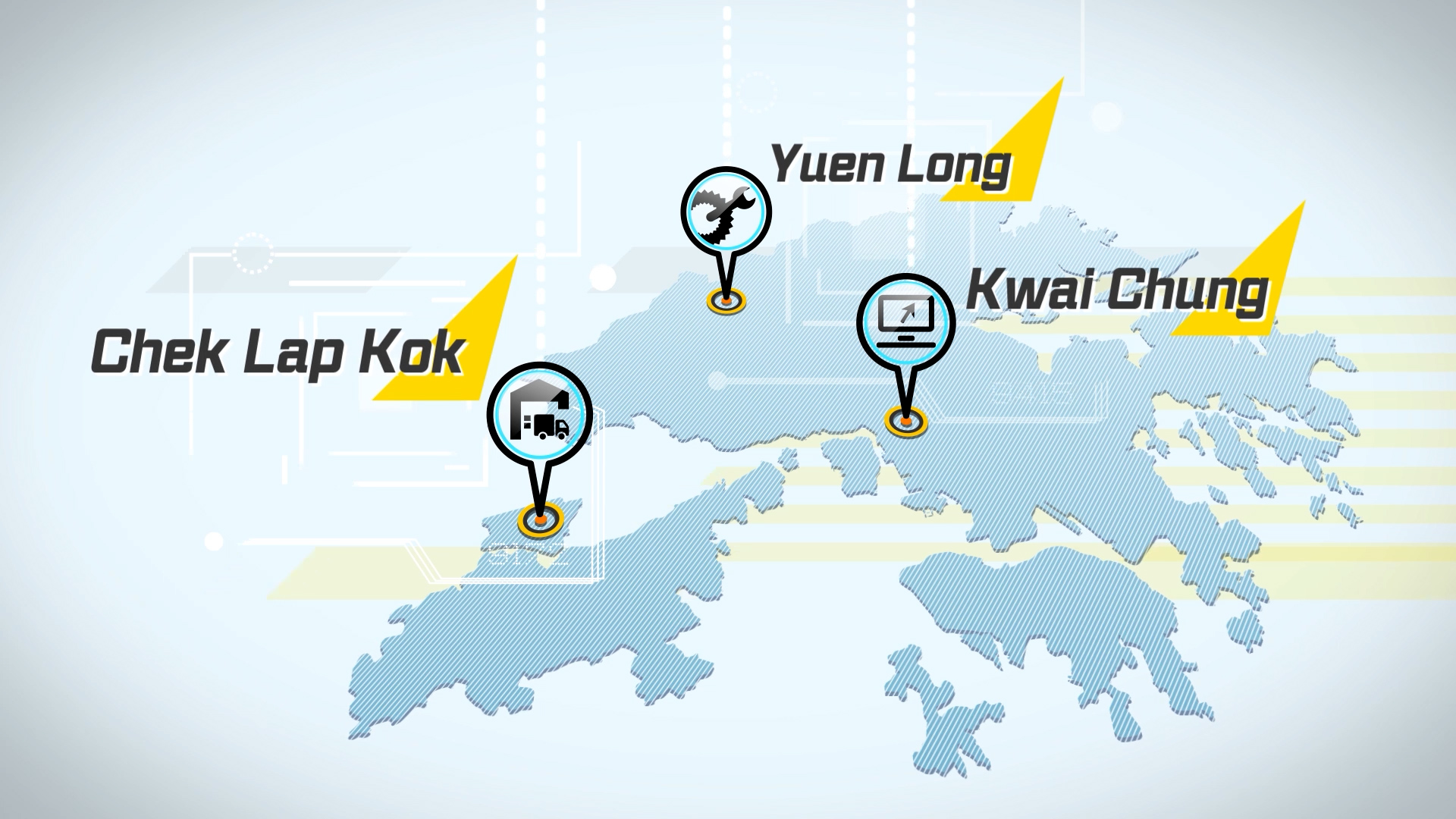A stylized map highlights three locations in Hong Kong: Chek Lap Kok, Yuen Long, and Kwai Chung. Each location is marked with icons representing airport, truck, and ship, respectively.