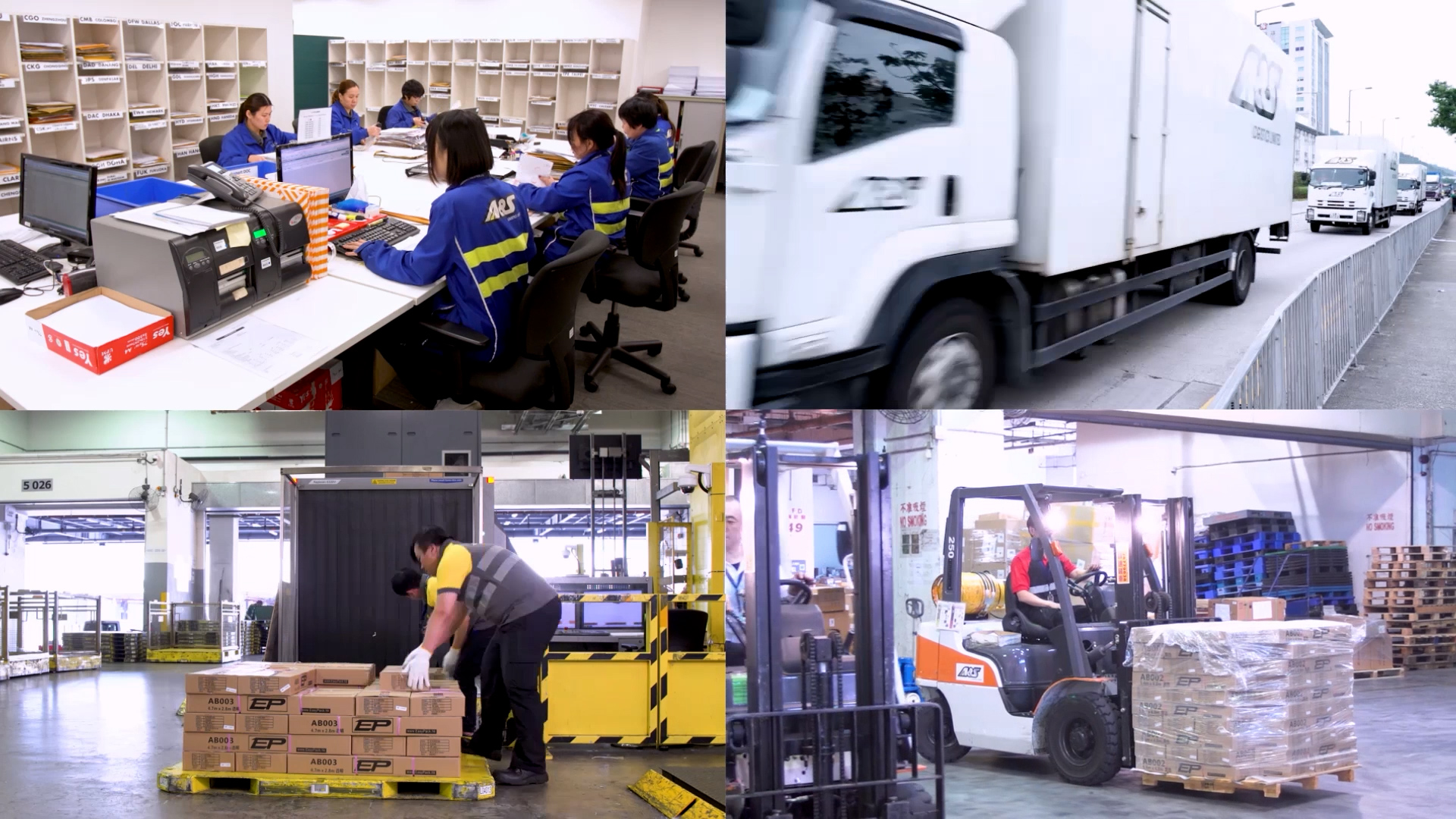 A collage showing office workers at desks, a moving delivery truck, a worker handling packages on a conveyor, and a forklift transporting goods in a warehouse.