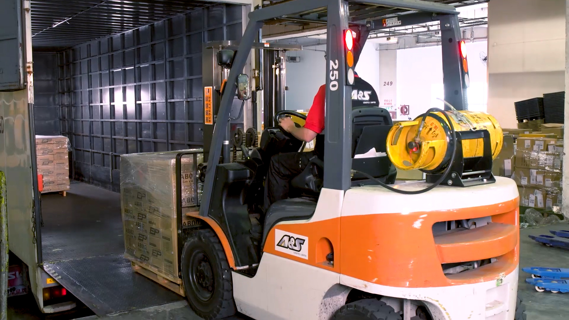 A worker operates a forklift to load a pallet of boxes into a truck at a warehouse, with stacks of goods visible in the background.