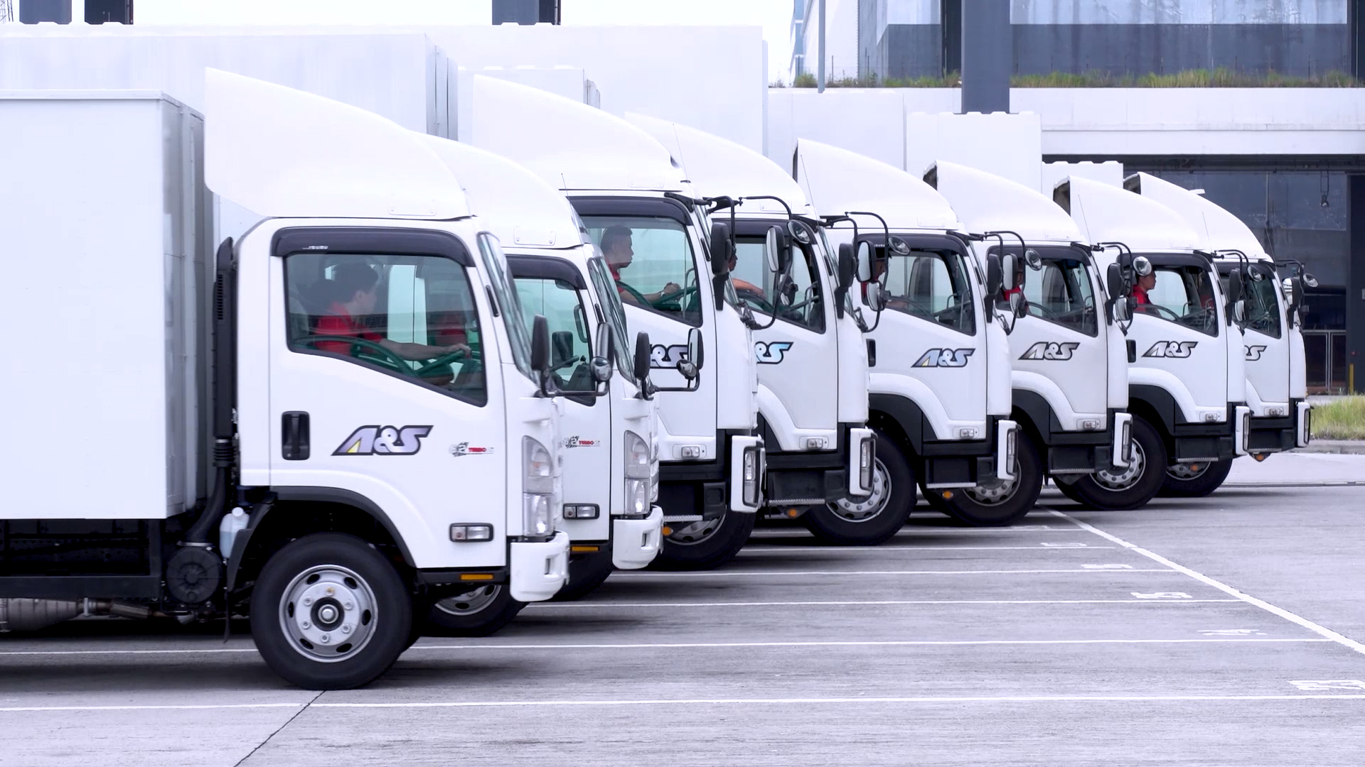 A row of white delivery trucks is parked in designated spaces outside a modern building, all lined up in the same direction.
