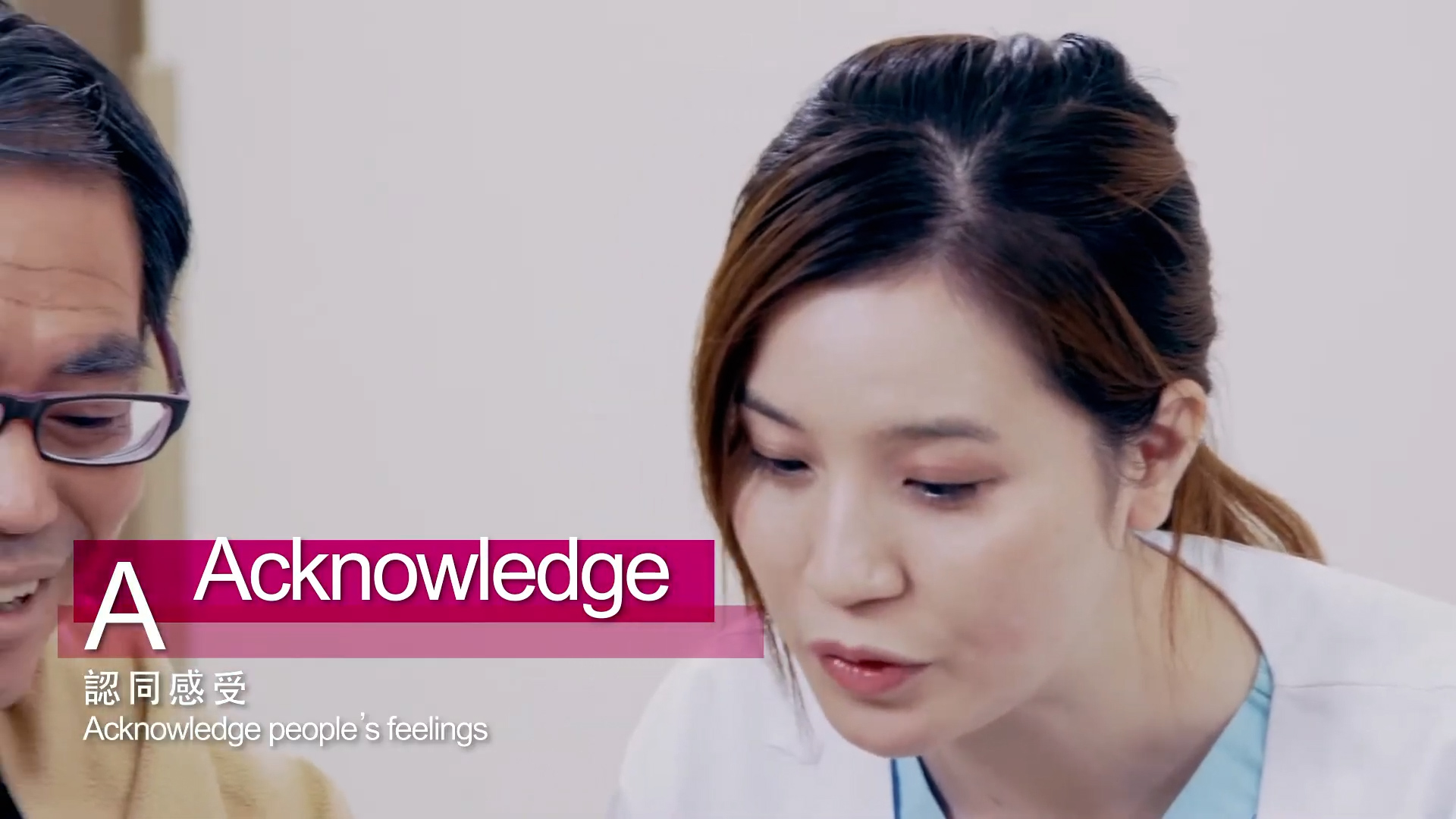 A woman in a white coat looks down thoughtfully. Text on the image reads "A Acknowledge" with subtitles in Chinese and English that say, "Acknowledge people's feelings." Another person’s face is partially visible.