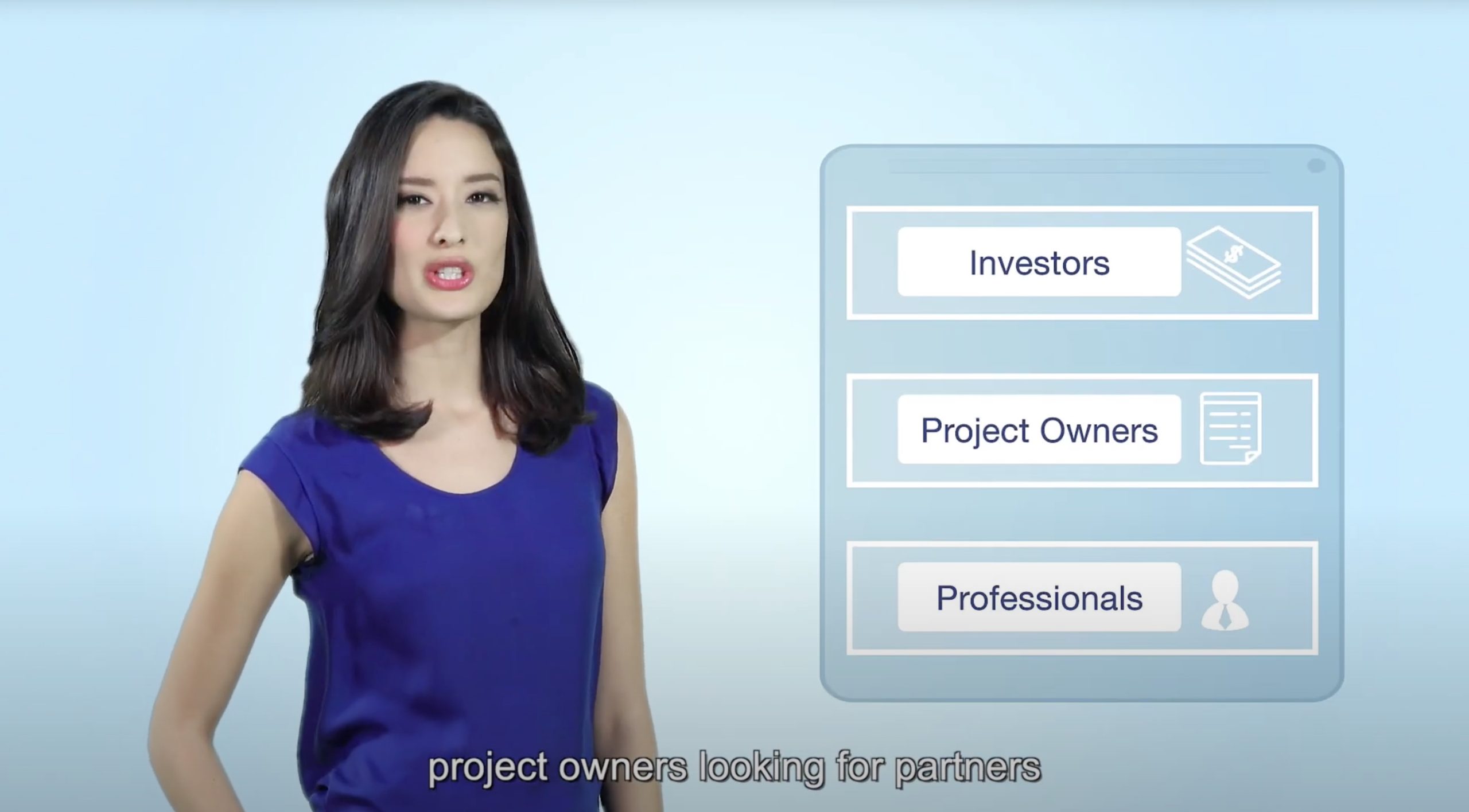 A woman in a blue top stands beside a graphic with boxes labeled "Investors," "Project Owners," and "Professionals." Subtitles at the bottom read, "project owners looking for partners.