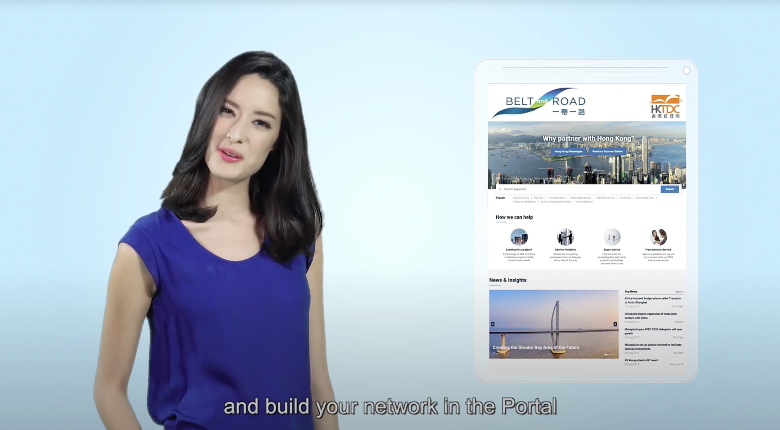 A woman in a blue top stands next to a large screen displaying the Belt and Road Portal website; subtitle reads, "and build your network in the Portal.
