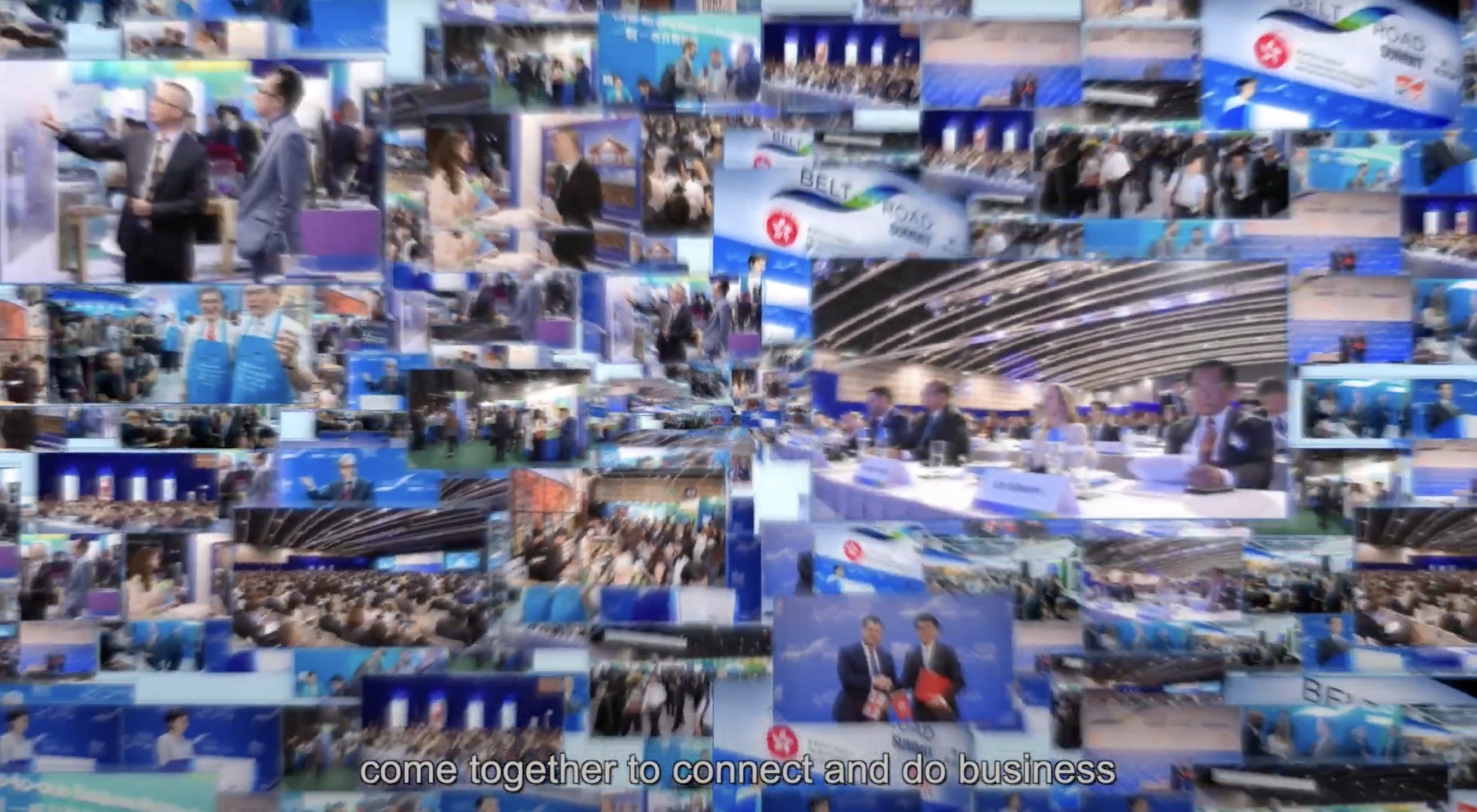 A collage of photos showing people networking, shaking hands, and attending a busy business conference. The subtitle at the bottom reads, “come together to connect and do business.”.