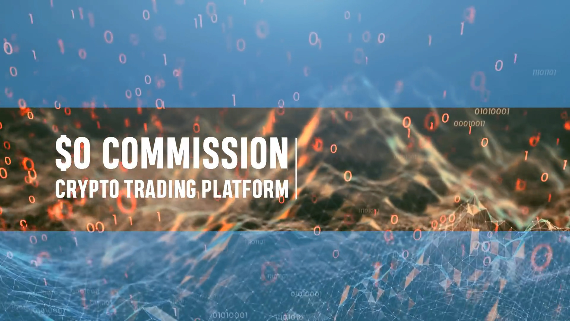 Digital graphic with text "$0 Commission Crypto Trading Platform" overlaying an abstract background of flowing lines and binary code, symbolizing technology and cryptocurrency trading.