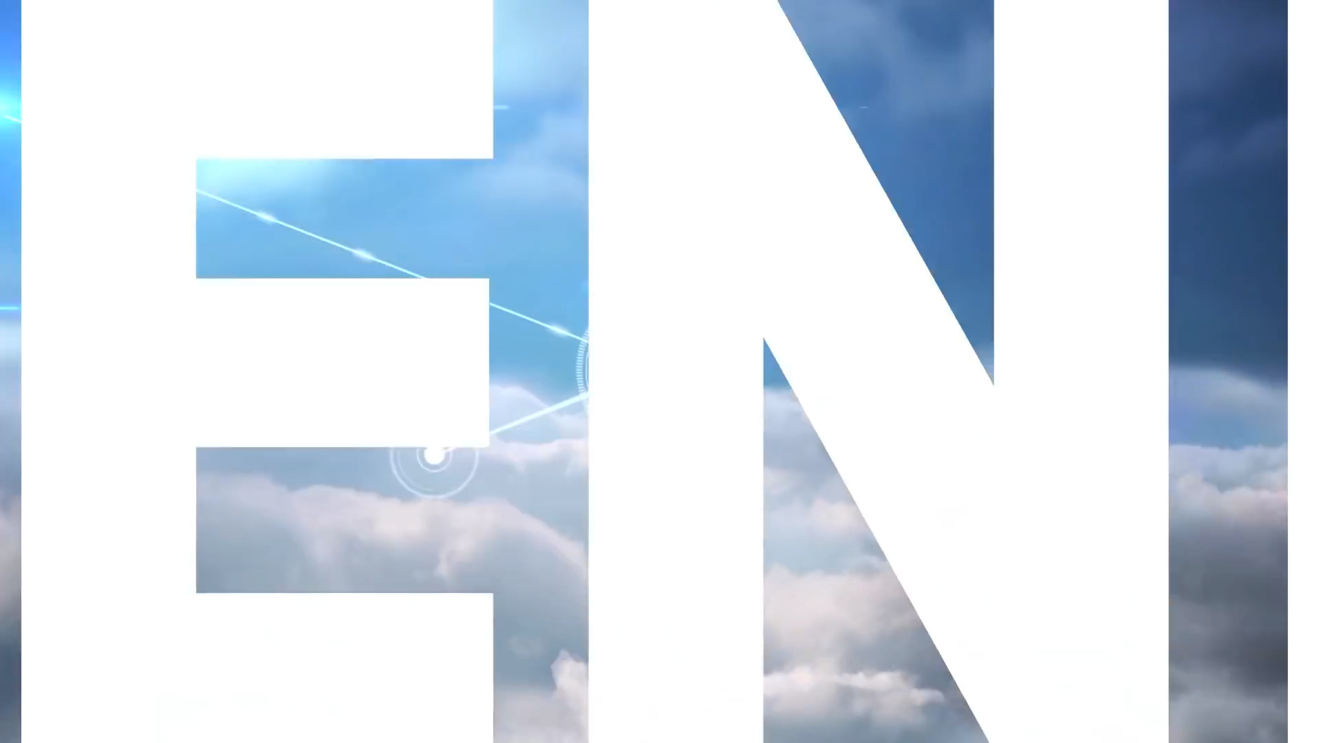 Large, bold white letters partially spell out “EN” over a background of blue sky and clouds, with a faint white contrail or line curving through the sky.
