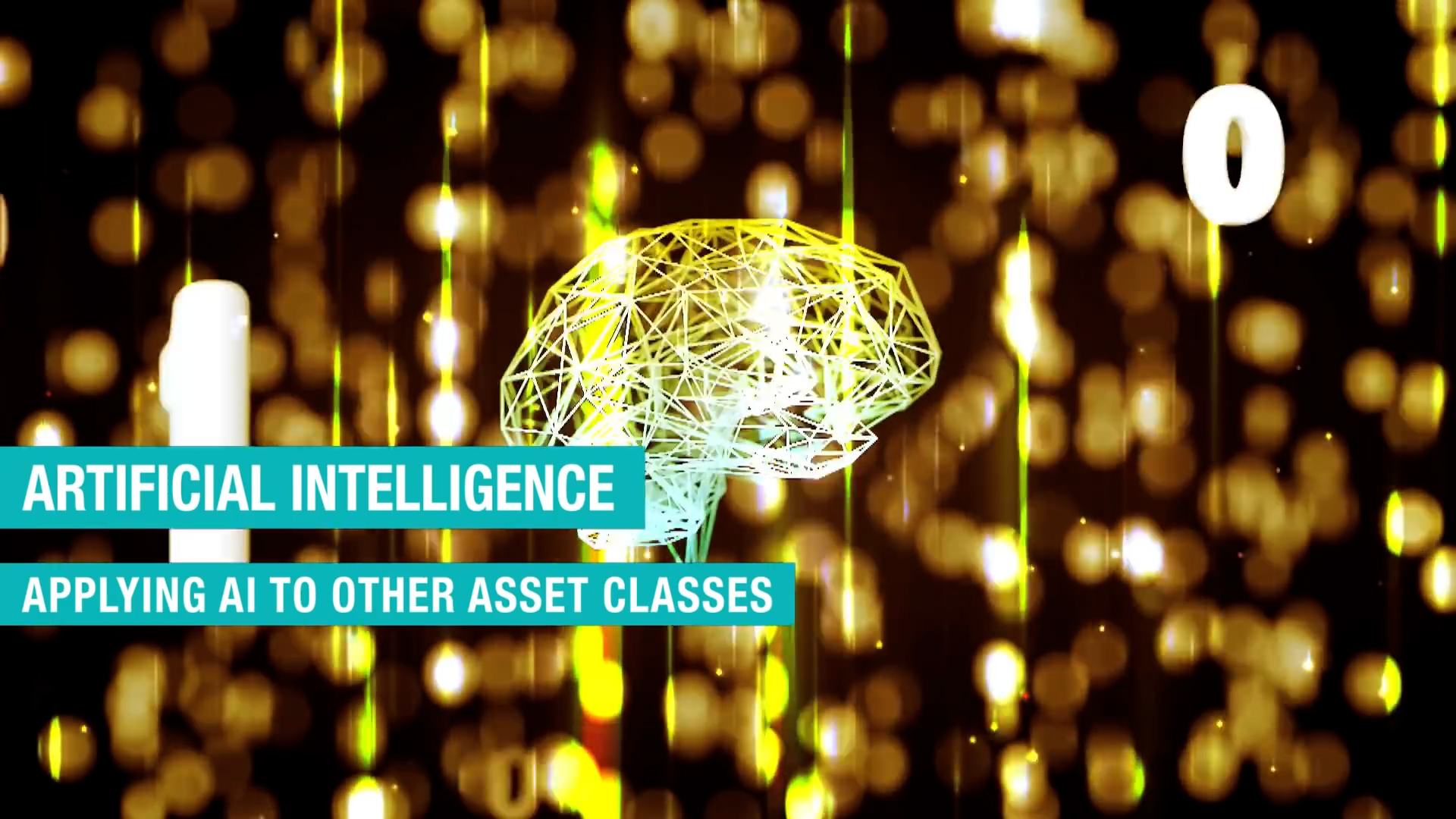 A digital rendering of a brain made of glowing lines appears over a background of golden lights. Text reads "Artificial Intelligence: Applying AI to Other Asset Classes." The number 0 is shown in white on the right.