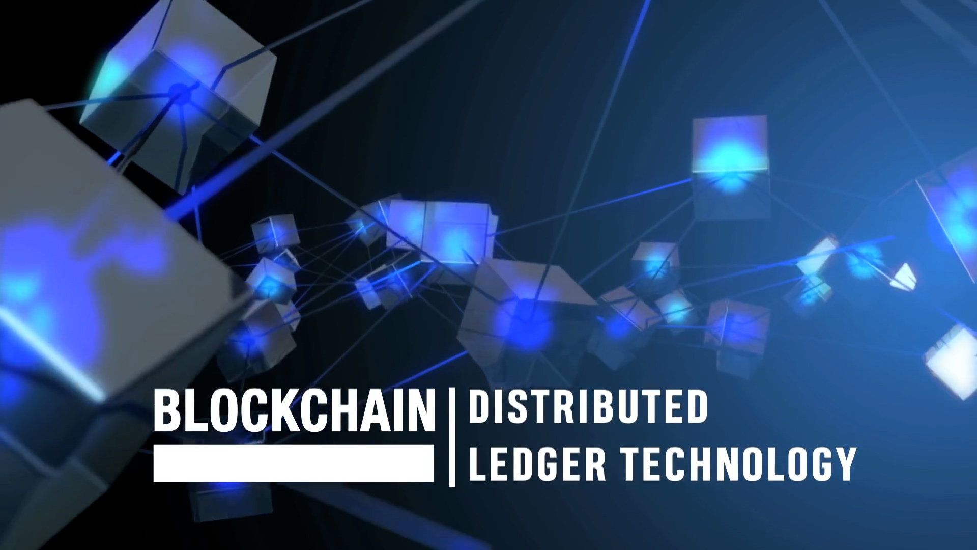Blue glowing cubes connected by lines represent a digital network. Text reads "BLOCKCHAIN | DISTRIBUTED LEDGER TECHNOLOGY" on a dark background with a blue gradient.