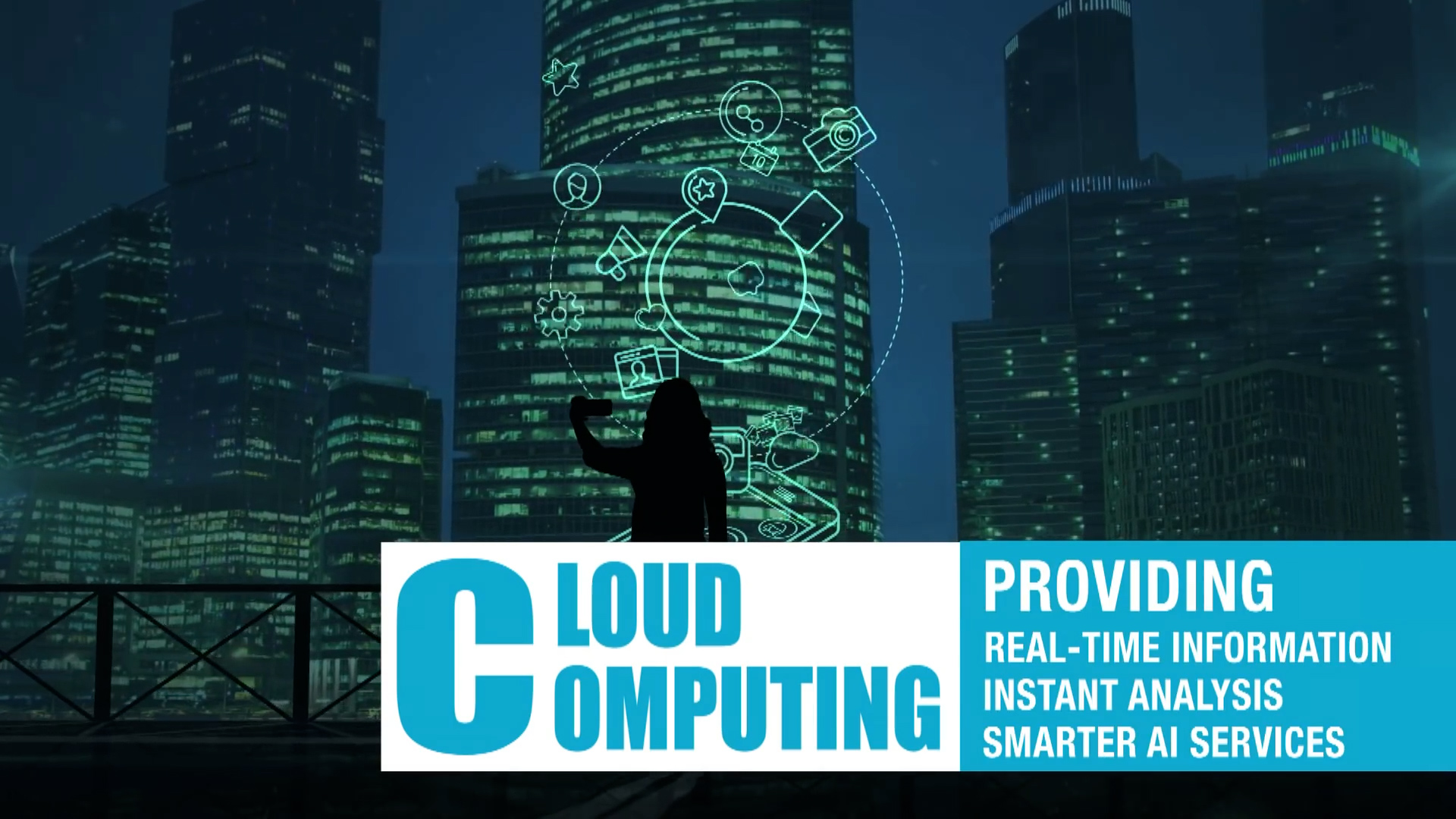 A person stands in front of city skyscrapers at night, interacting with digital cloud computing icons. Text reads: "Cloud Computing—providing real-time information, instant analysis, smarter AI services.