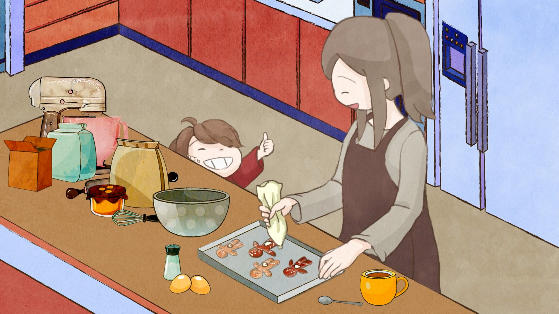 A woman in an apron arranges cookies on a baking tray in a kitchen while a smiling child behind the counter gives a thumbs-up. Baking ingredients and utensils are scattered on the counter.